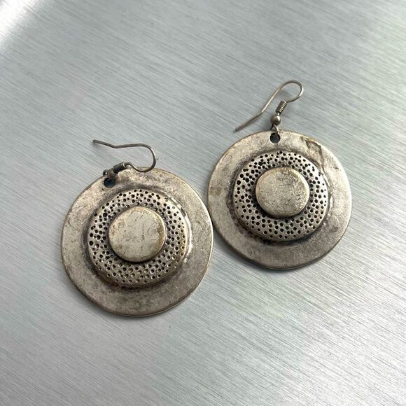 SILVER EARRINGS HANDCRAFTED DISTRESSED STYLE - Picture 1 of 6